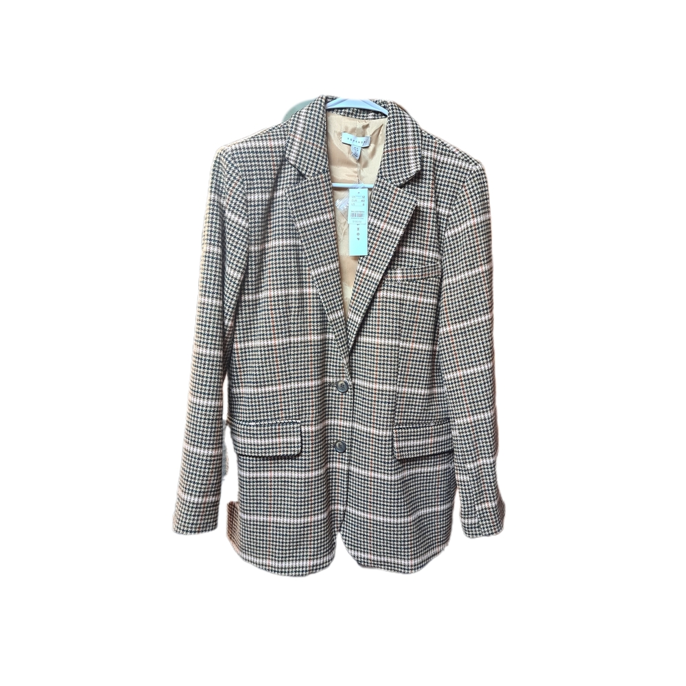 🌸🔥Topshop Women's Brown Botton Houndstood Pattern Blazer size 8 NWT